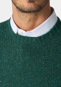 Zelený texturovaný vlněný svetr s kulatým výstřihem, navlečený přes bílou košilovou košili. Výrazné tečky modré a světlejších vláken po celém svetr.