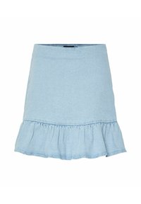 Šviesiai mėlyna džinsinė sijonas su platėjančiu raukšlėtu apvadu, struktūrizuotu liemeniu ir minkšta tekstūra. Paprastas dizainas be papildomų raštų ar akcentų.