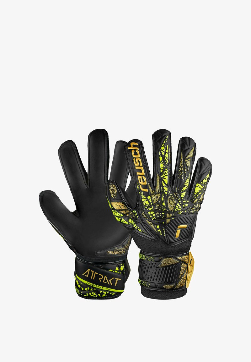 Guanti da portiere neri e gialli con un design testurizzato, dotati di palmo imbottito e chiusura del polso rinforzata per supporto e presa.