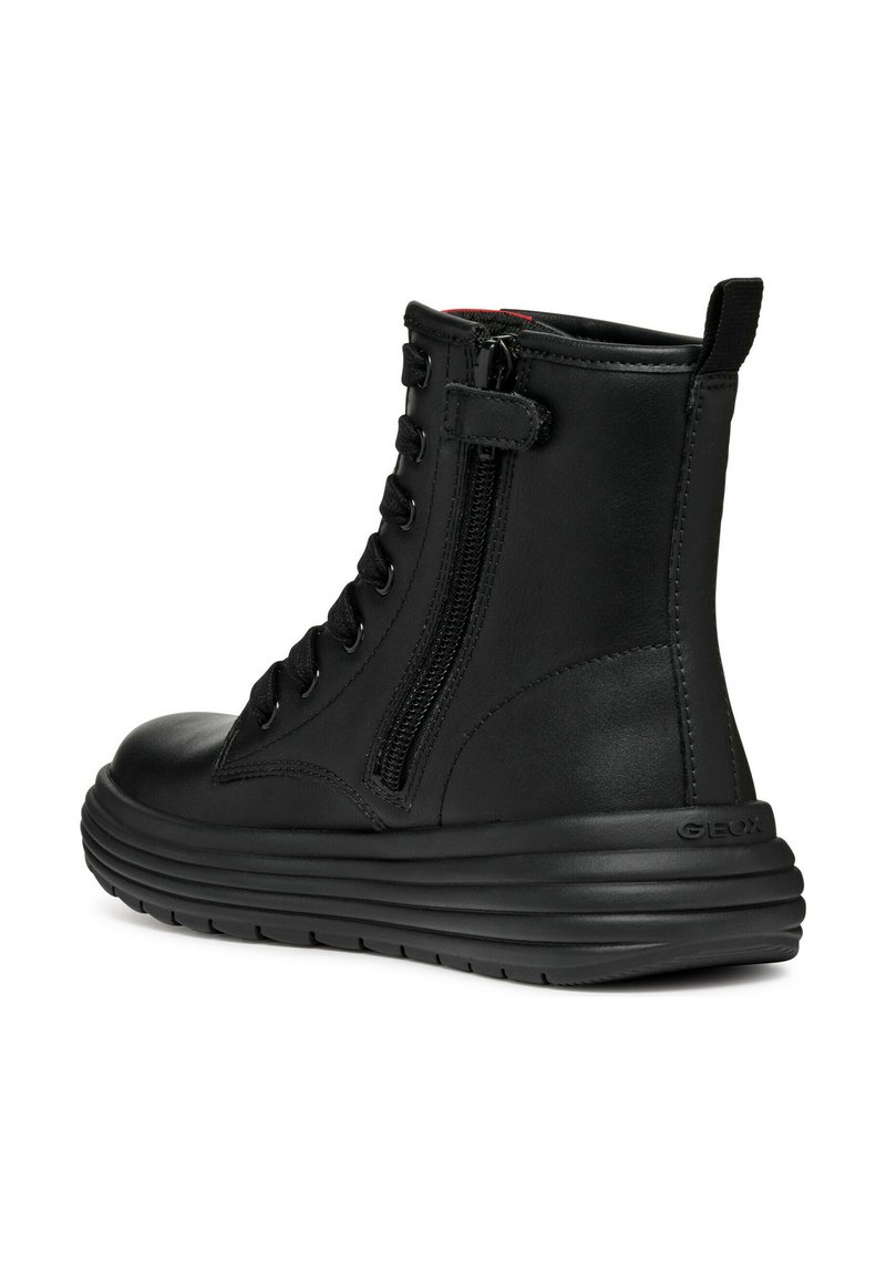 Schwarze Leder-Ankle-Boots mit Schnürung vorne, seitlichem Reißverschluss, gestapelte Sohle und glatter Textur. Enthält minimale Markenkennzeichnung an der Ferse.