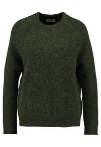 Dunkelgrüner Pullover aus strukturiertem Strickmaterial, mit Rundhalsausschnitt und langen Ärmeln. Einfaches Design ohne sichtbare Muster oder Akzente.