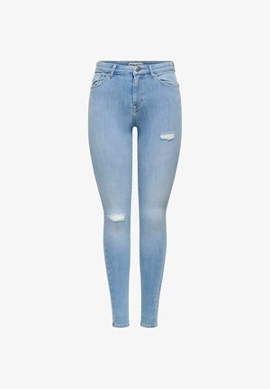 Gaismas zila, augsta vidukļa šauras džinsu bikses ar nodilušām vietām labajā augšstilbā un kreisajā ceļgalā, aprīkotas ar priekšējām kabatām un jostas cilpām.