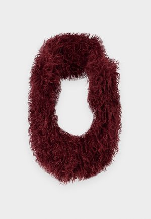Burgundy, fuzzy infinity scarf made of soft fabric with a textured, shaggy appearance. Circular shape with no visible hardware.