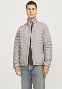 Light gray puffer jacket with a high collar, horizontal quilted pattern, and front zipper. Worn over a dark green top and denim jeans.