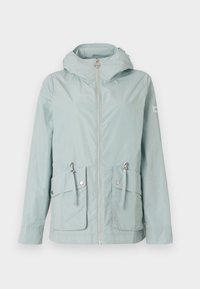 Jacket azul-claro, resistente à água, com capuz, fecho de correr frontal, dois grandes bolsos frontais e cordões ajustáveis na cintura.