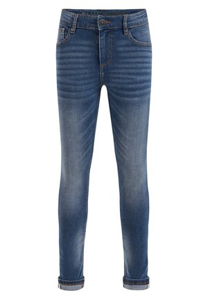 Jean skinny bleu délavé avec poches avant, fermeture à boutons et revers roulés.