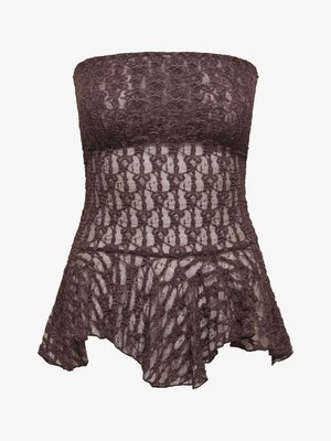 Brun stropløs blonde top med tætsiddende krop og udvidet asymmetrisk kant, med et blomstret og geometrisk mønster.