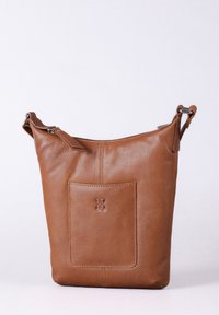 Brown leather shoulder bag with a textured finish, zip closure, and an embossed logo on a front pocket. Adjustable strap included.