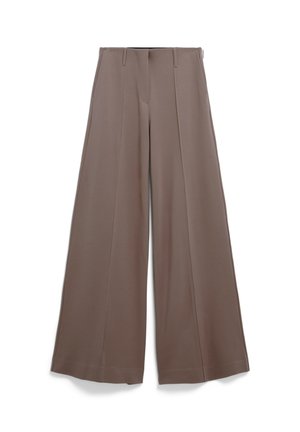 Wide-leg trousers in a muted brown fabric, featuring a smooth texture, front pleats, and a high waist design. No visible accents or hardware.