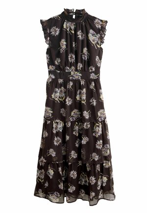 Mørk blomsterkjole med korte flæseærmer, høj hals, lagdelt design og taljeret pasform. Fremhæver hvide og gule blomsterprint.