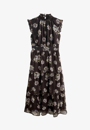 Mørk blomsterkjole med korte flæseærmer, høj hals, lagdelt design og taljeret pasform. Fremhæver hvide og gule blomsterprint.