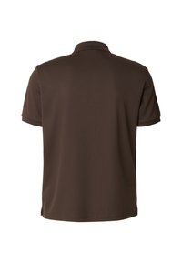 Brązowa koszulka polo z krótkim rękawem i klasycznym kołnierzykiem. Wykonana z gładkiego materiału, posiada prosty dół i brak widocznych logo czy wzorów.
