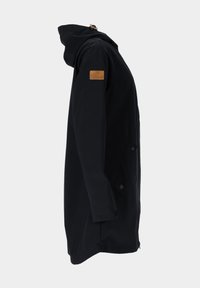 Black waterproof jacket featuring a hood, side buttons, and a leather logo patch on the arm. Smooth texture and straight silhouette.