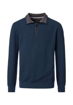 Navy blue pullover sweatshirt with a quarter-zip collar, contrasting gray collar, ribbed cuffs, and a textured fabric finish.