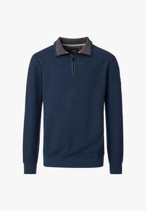 Navy blue pullover sweatshirt with a quarter-zip collar, contrasting gray collar, ribbed cuffs, and a textured fabric finish.