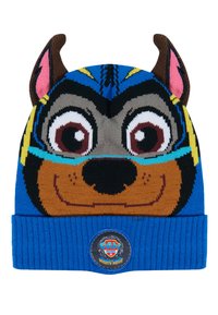 Berretto lavorato a maglia blu con il volto di un cane dei cartoni animati, dotato di grandi occhi, orecchie e un naso nero. Include una toppa rotonda con il logo "PAW Patrol".