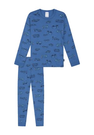 Blauw shirt met lange mouwen en broek set met een all-over patroon van diverse kleine voertuigen, waaronder auto's, vrachtwagens en bussen.