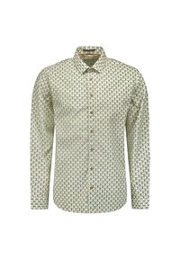 Lange mouwen shirt in lichtgroen met een geometrisch patroon van vierkanten in tinten blauw, bruin en crème; knopen aan de voorkant.