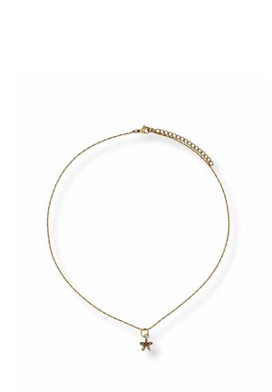 Thin gold chain necklace with a small star-shaped pendant and an adjustable clasp closure on a white background.
