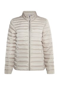 Lichtbeige pufferjack met een hoge kraag, verticale quiltpatroon, vooraan sluiting met rits en lange mouwen; gladde, glanzende stoftextuur.
