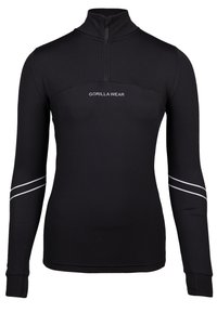 Schwarzes langärmliges Sportoberteil mit einem Viertelreißverschluss-Kragen, das eine taillierte Passform hat und reflektierende Streifen an den Ärmeln aufweist. "GORILLA WEAR" Logo angezeigt.