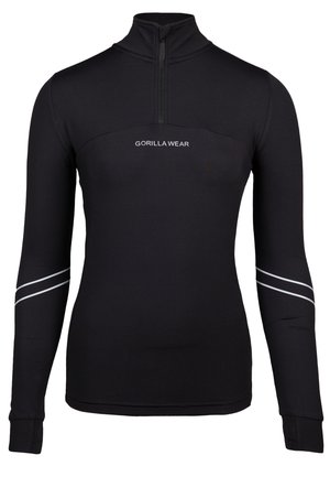 Zwarte sporttop met lange mouwen en een kwart-rits kraag, met een getailleerd ontwerp en reflecterende strepen op de mouwen. "GORILLA WEAR" logo is zichtbaar.