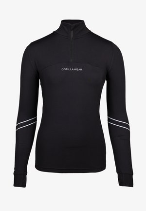 Zwarte sporttop met lange mouwen en een kwart-rits kraag, met een getailleerd ontwerp en reflecterende strepen op de mouwen. "GORILLA WEAR" logo is zichtbaar.