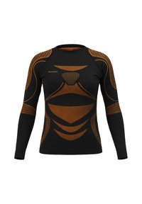 Long-sleeve athletic shirt in black with orange accents. Features a fitted design, textured patterns, and breathable fabric for active wear.