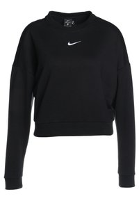Czarna bluza Nike z okrągłym dekoltem i długimi rękawami. Posiada krótki krój, miękką teksturę oraz małe białe logo na piersi.