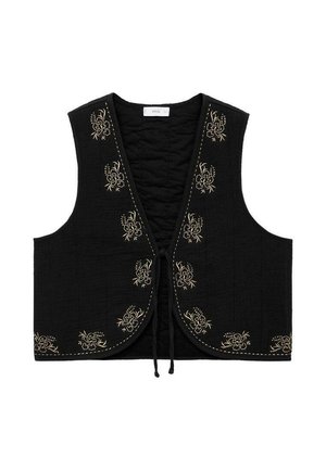 Black quilted vest featuring intricate gold floral embroidery and a front tie closure. Open sides and curved hem with contrasting stitching details.