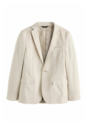 Beiger Herrenblazer mit einreihiger Knopfleiste, Stehkragen, zwei vorderen Klappentaschen, einer Brusttasche und gemustertem Innenfutter.