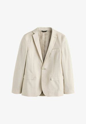 Herre beige enkeltbundet blazer med hakerevers, to frontlommer med klapper, en brystlomme og mønstret inderfor.