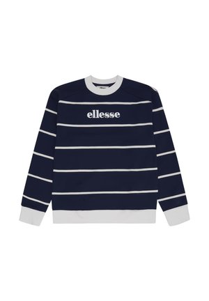 Tmavomodrá mikina s bielymi vodorovnými pruhmi, bielymi manžetami a golierom a logom "ellesse" uprostred na hrudi.