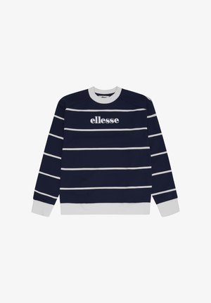 Tmavomodrá mikina s bielymi vodorovnými pruhmi, bielymi manžetami a golierom a logom "ellesse" uprostred na hrudi.
