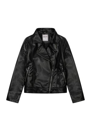 Veste de motard noire en simili cuir avec fermeture éclair asymétrique, large col et poches latérales zippées, présentée à plat sur fond blanc.