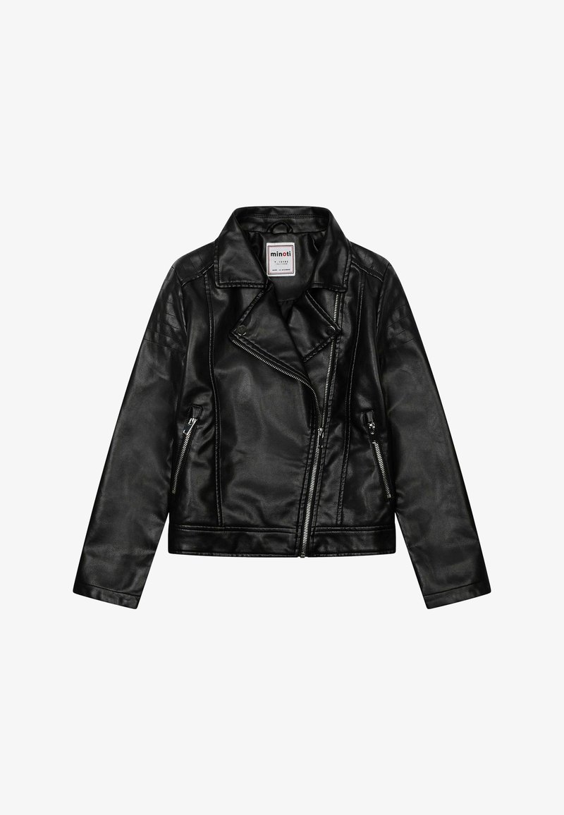 Veste de motard noire en simili cuir avec fermeture éclair asymétrique, large col et poches latérales zippées, présentée à plat sur fond blanc.