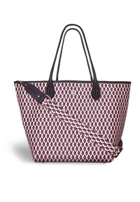 Grande borsa a spalla realizzata in tessuto a fantasia nei colori rosa, bianco e viola scuro, dotata di manici doppi e di una tracolla removibile.
