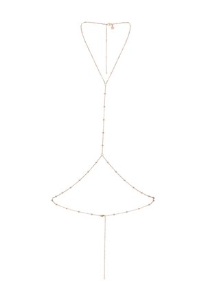 Zarte goldene Körperkette mit bunten Perlen am oberen Teil und feinem verbundenem Design, das sich zu Taillen- und Oberschlaufen erstreckt.