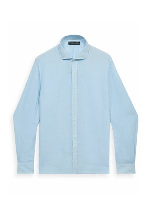 Lichtblauw overhemd met lange mouwen, knopen, een kraag en manchetten, plat uitgestald tegen een witte achtergrond.