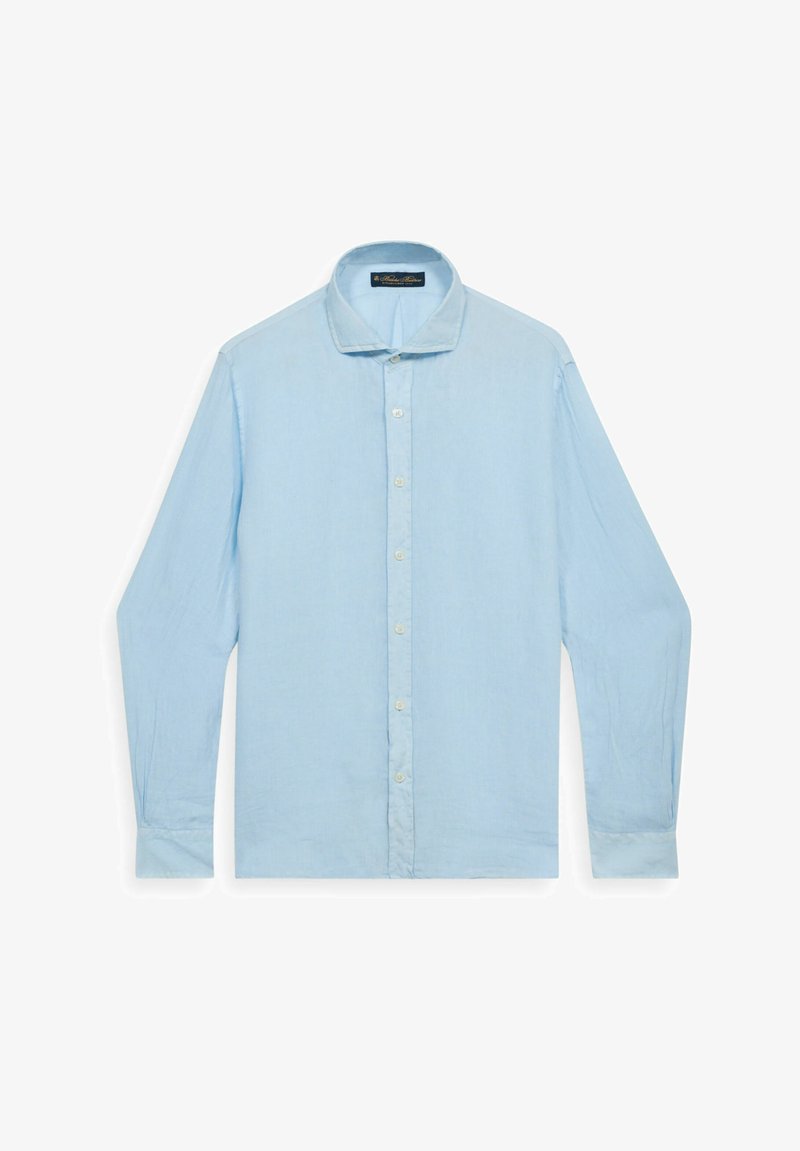 Chemise bleu clair à manches longues avec col et poignets, boutonnée et présentée à plat sur un fond blanc.