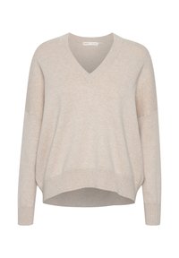 Pull beige en maille avec col en V, manches longues, poignets côtelés et ourlet légèrement arrondi, présenté sur fond blanc.