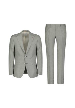 Light gray suit featuring a notch lapel blazer with two buttons, side pockets, and matching straight-leg trousers. Textured fabric detail visible.
