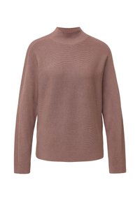 Mauve Pullover mit hohem Kragen, langen Ärmeln und geripptem Muster. Verfügt über dezente horizontale Streifen entlang der Ärmel. Weiches Strickmaterial.