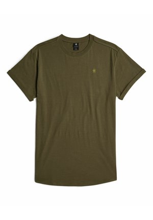 Olijfgroene t-shirt met korte mouwen en een ronde hals, gemaakt van zachte stof, met een klein logo op de borst, en afgewerkt met opgerolde mouwen.