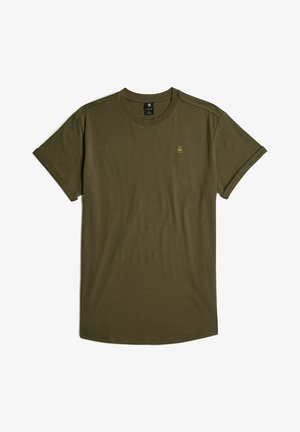 Olijfgroene t-shirt met korte mouwen en een ronde hals, gemaakt van zachte stof, met een klein logo op de borst, en afgewerkt met opgerolde mouwen.