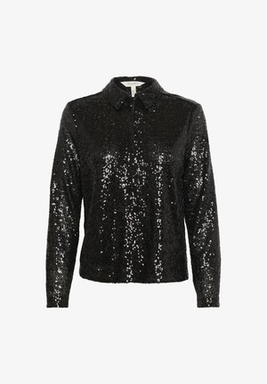 Mustaga pikkade varrukatega pluus, millel on kaelus ja mis on kaetud läikivate litritega. Omab tõmblukkude kinnitust ja tekstuurset pinda.