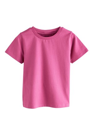 Maglietta rosa a maniche corte in morbido cotone, con classico scollo rotondo e orlo dritto senza motivi o elementi aggiuntivi.