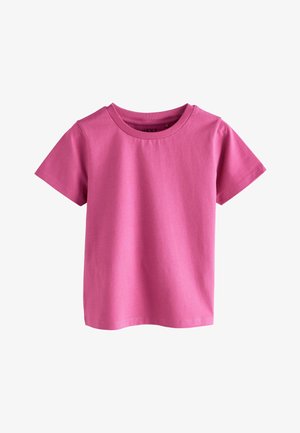 Ružičasta majica kratkih rukava od mekanog pamuka, s klasičnim okruglim izrezom i ravnim rubom, bez dodatnih uzoraka ili ukrasa.