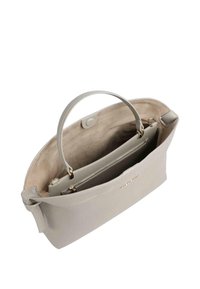 Borsa a mano in pelle grigio chiaro con manico singolo, apertura superiore e tasca interna con zip visibile all'interno.