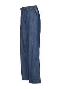 Pantaloni din denim cu croială largă, talie elastică și șnur. Culoare albastru închis, buzunare laterale și detaliu brodat în față.